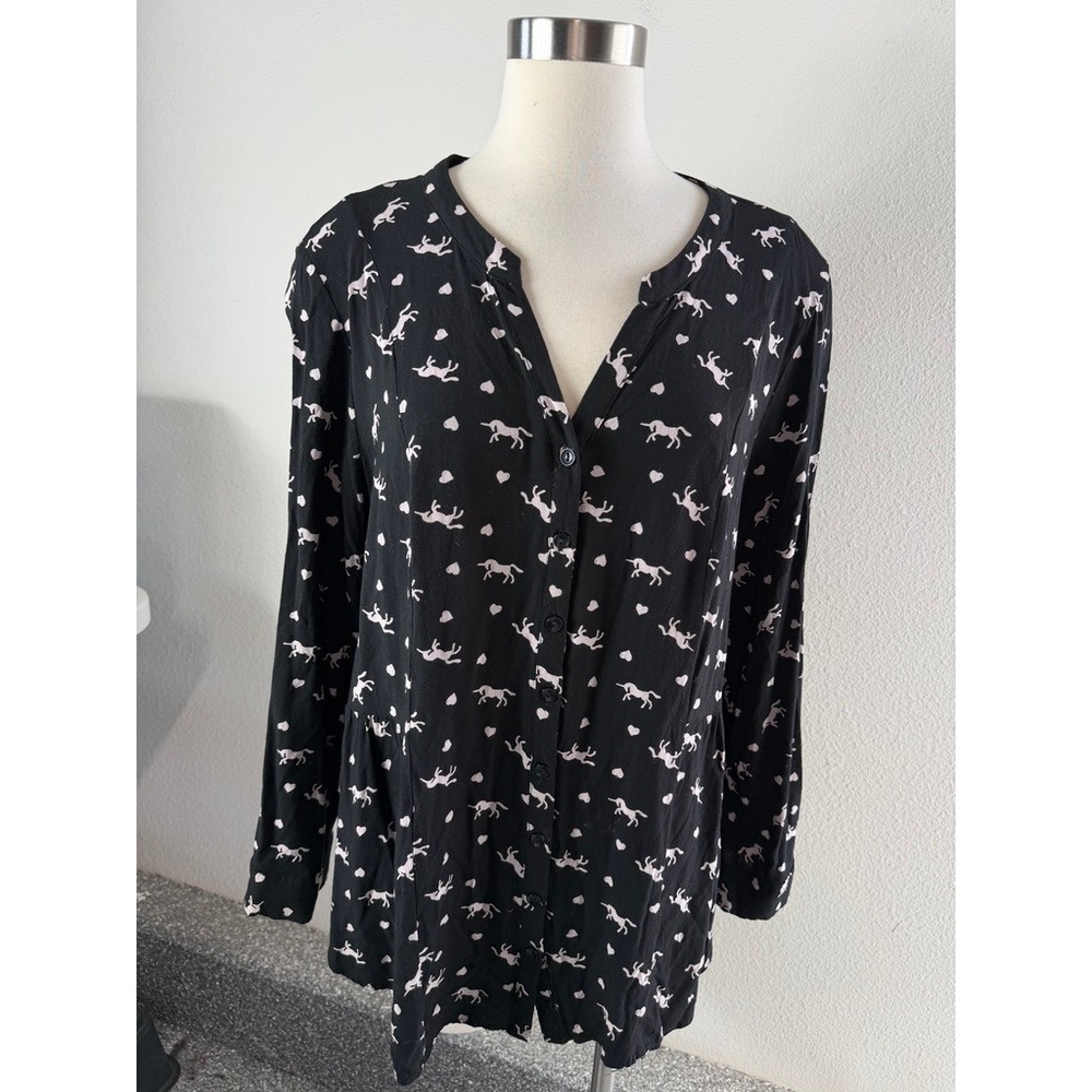 ModCloth Womens Plus 2X Black Unicorn Heart Print Button Up Blouse Top